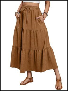 Woven Linen-Blend Maxi Skirt High Waist A-Line Tiered Ruffle Long Skirt with